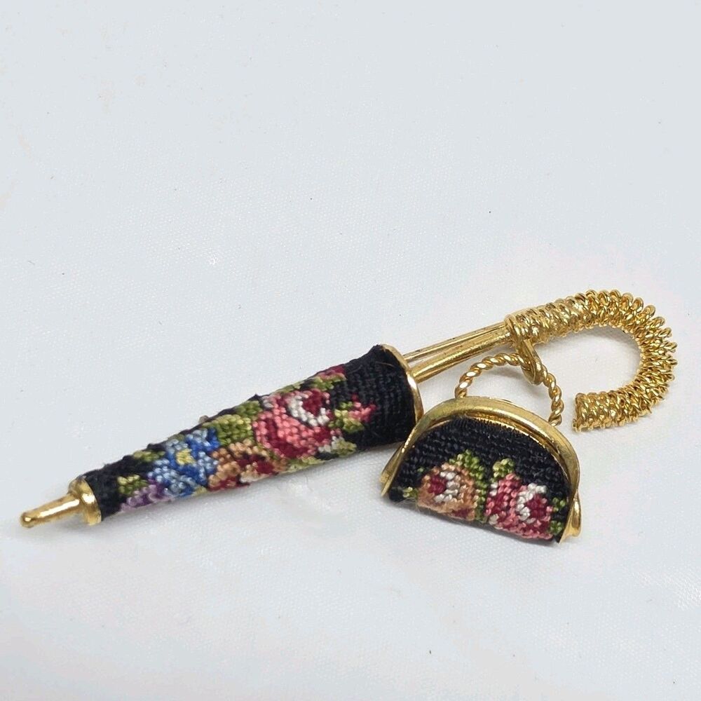 Vintage 50s Petit Point Floral Parasol Umbrella With Mini Purse Brooch